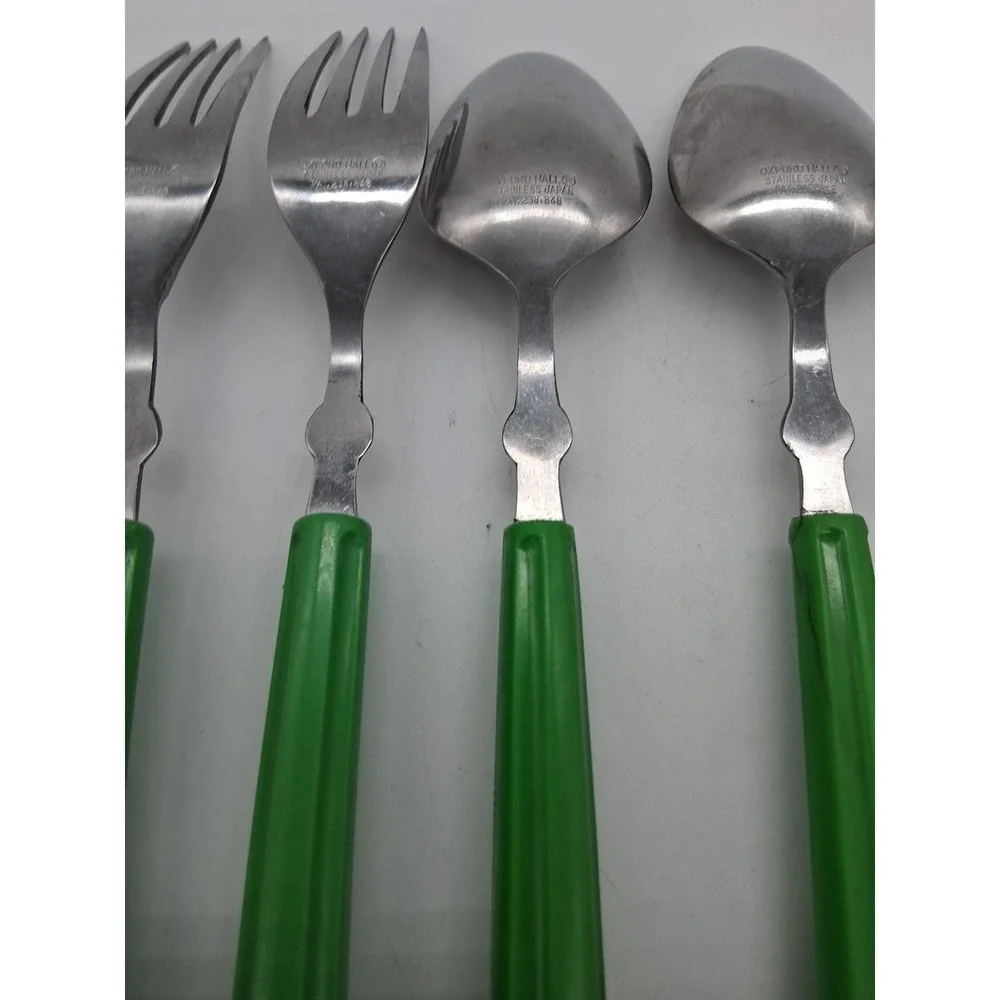 6 Piece Vintage Oxford Hall Oval Soup Spoon & Fork Lime Green Japan